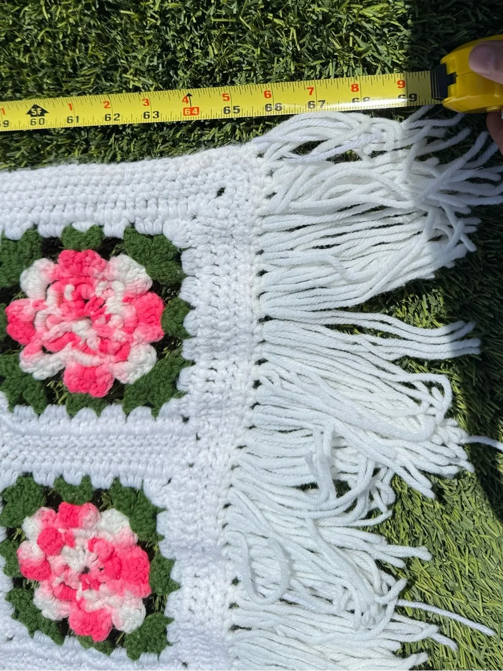 Crochet 3D Pink & White Flower Rose Throw Blanket Granny Afghan Cottage ~44x64